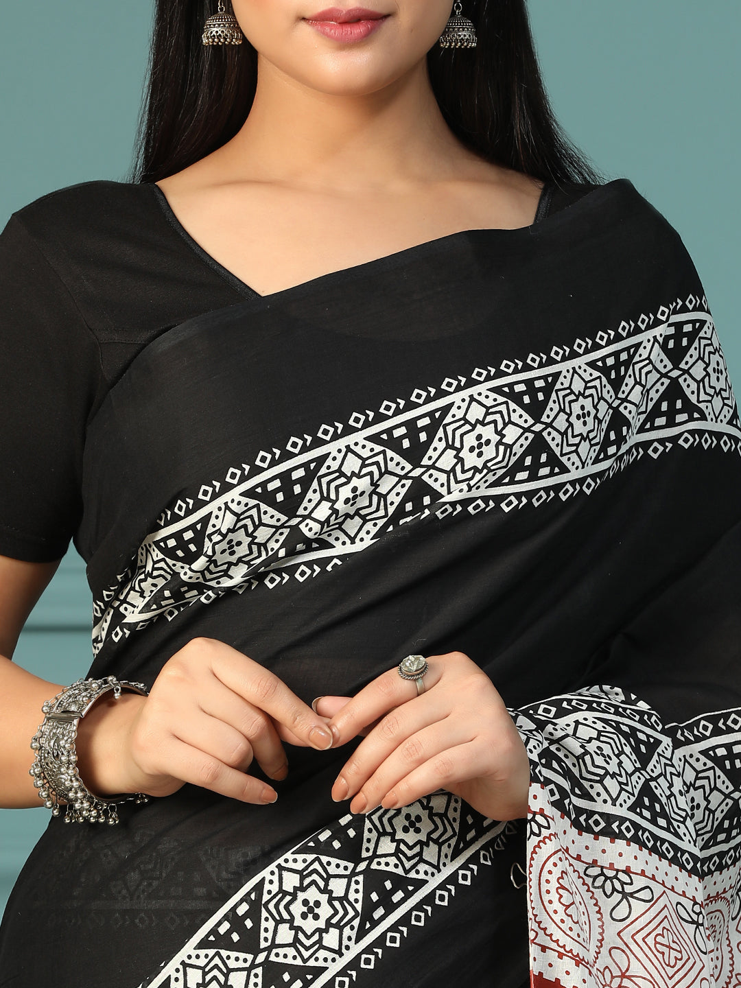 Designer block printed pure cotton mulmul Saree