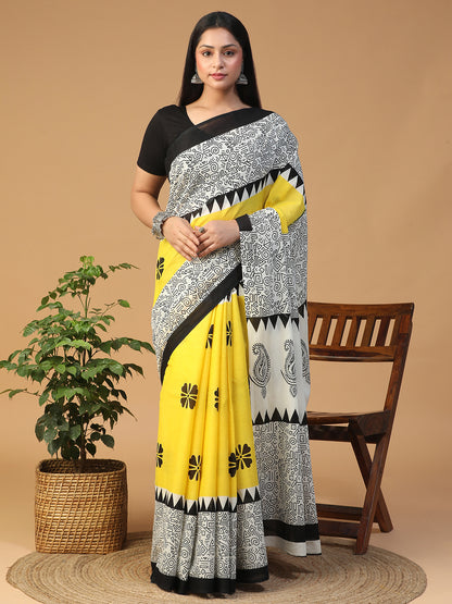 Designer block printed pure cotton mulmul Saree