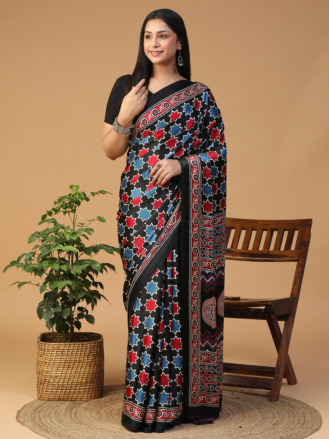 Designer Geometric Ajrak Block print crepe saree
