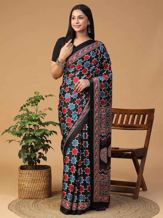 Designer Geometric Ajrak Block print crepe saree