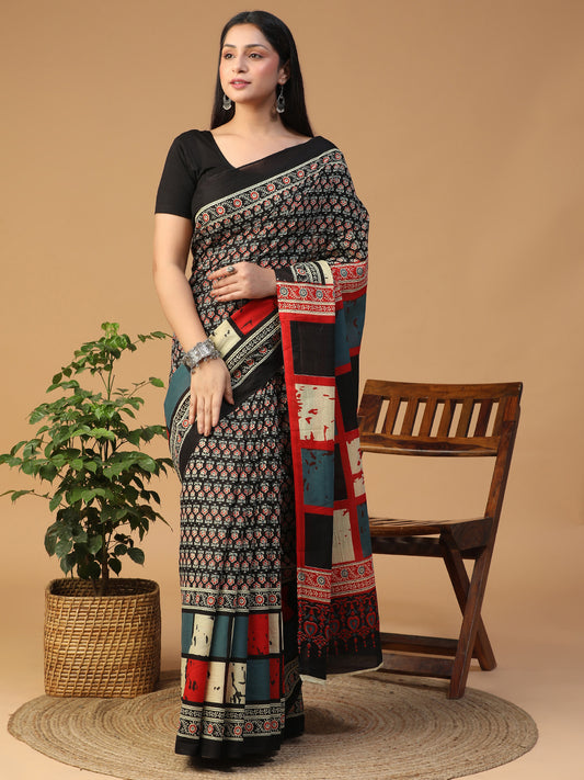 Designer block printed pure cotton mulmul Saree