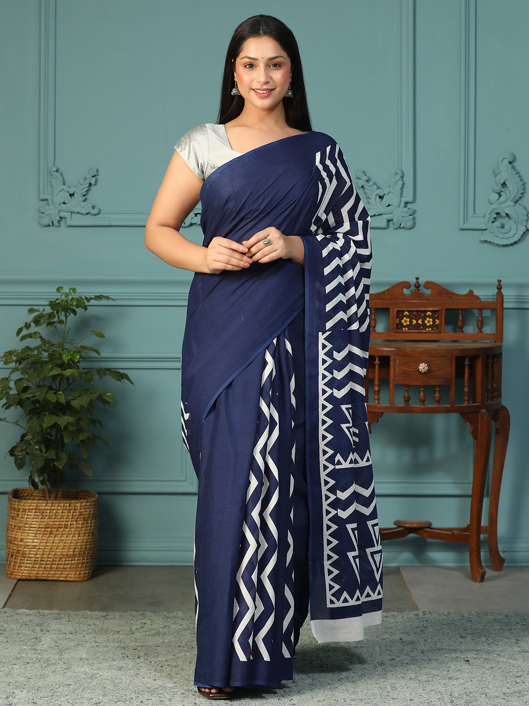 Designer block printed pure cotton mulmul Saree