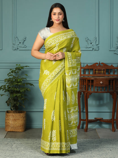 Designer block printed pure cotton mulmul Saree
