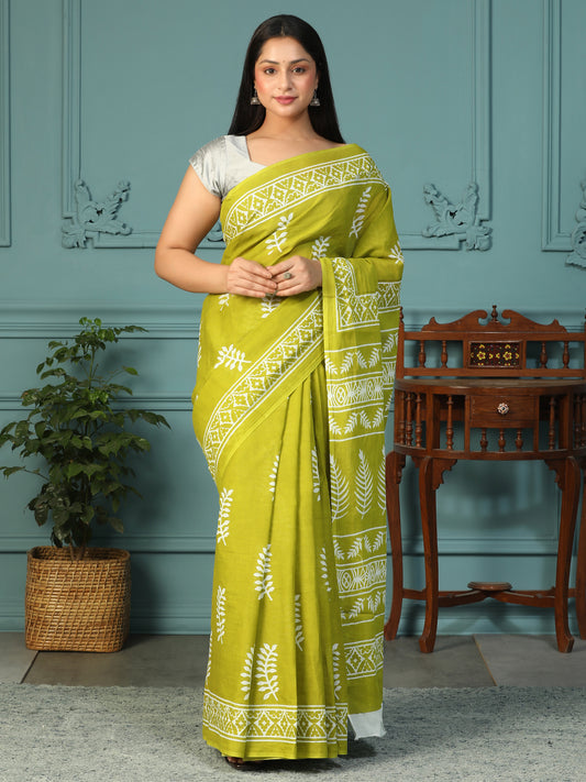 Designer block printed pure cotton mulmul Saree