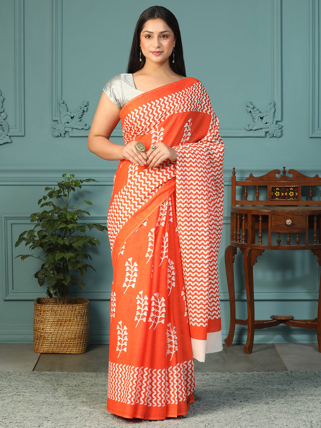 Designer block printed pure cotton mulmul Saree