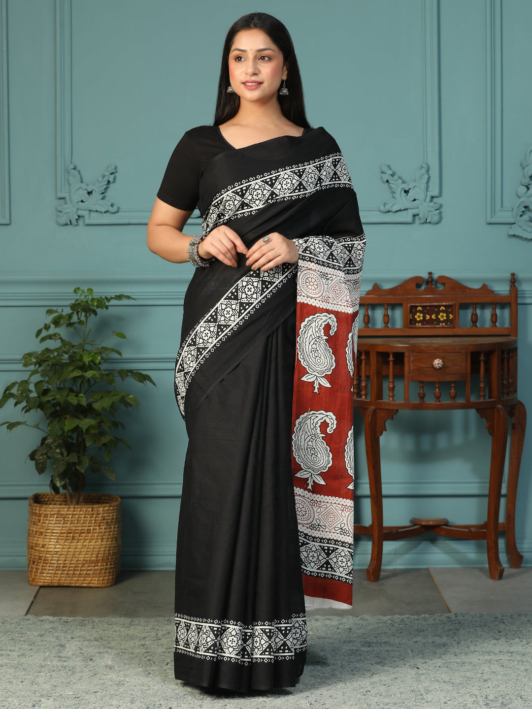 Designer block printed pure cotton mulmul Saree
