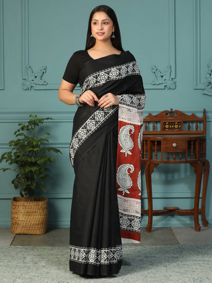 Designer block printed pure cotton mulmul Saree