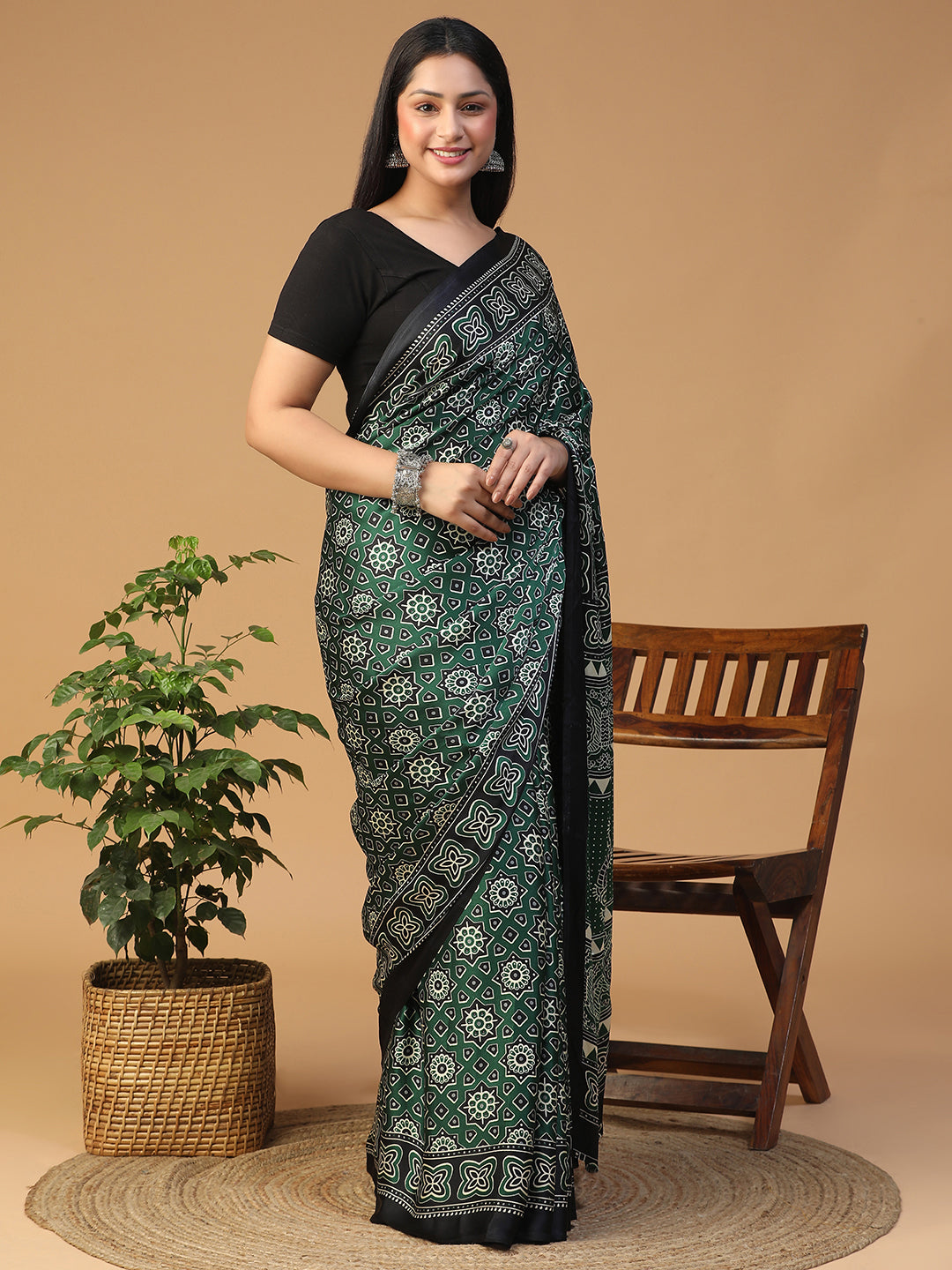 Designer Geometric Ajrak Block print crepe saree