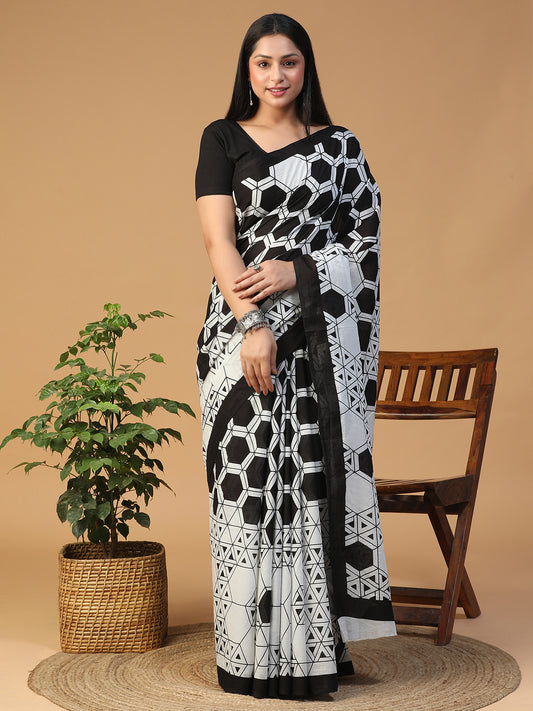 Designer block printed pure cotton mulmul Saree