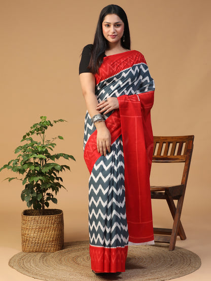 Designer block printed pure cotton mulmul Saree