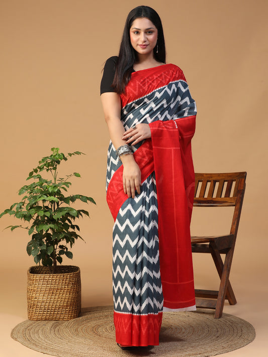 Designer block printed pure cotton mulmul Saree