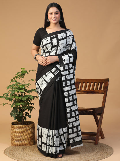 Designer block printed pure cotton mulmul Saree