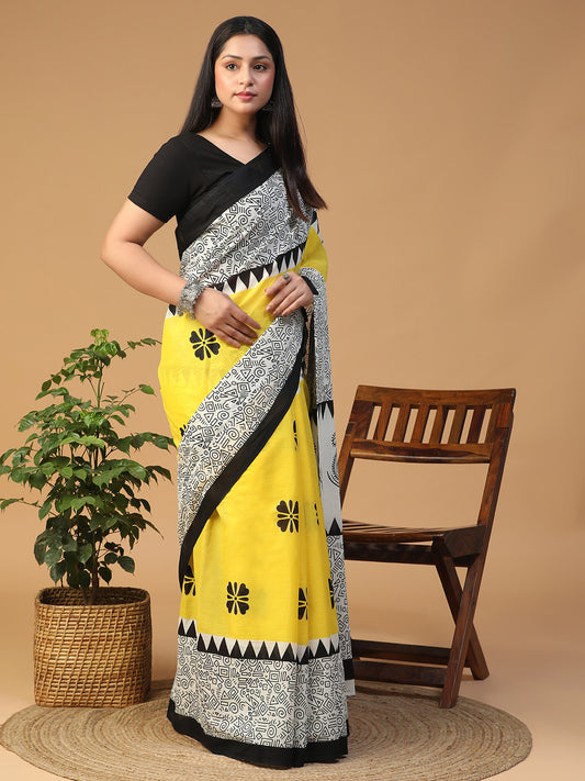 Designer block printed pure cotton mulmul Saree