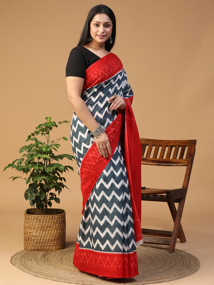 Designer block printed pure cotton mulmul Saree