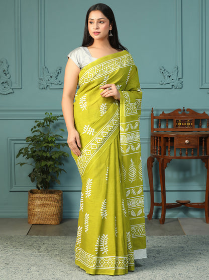 Designer block printed pure cotton mulmul Saree