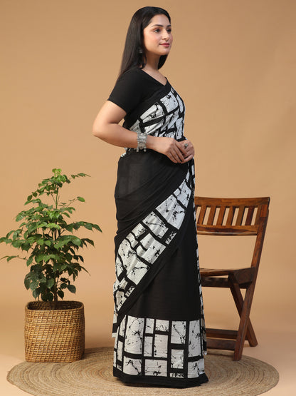 Designer block printed pure cotton mulmul Saree