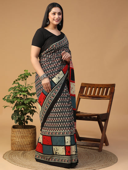 Designer block printed pure cotton mulmul Saree