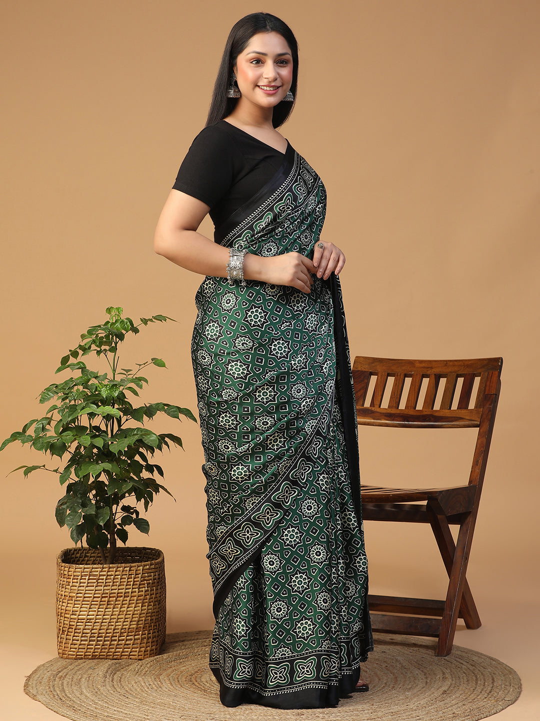 Designer Geometric Ajrak Block print crepe saree