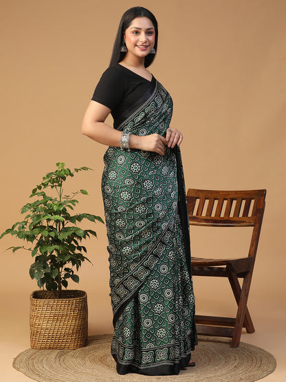 Designer Geometric Ajrak Block print crepe saree