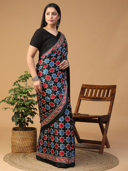 Designer Geometric Ajrak Block print crepe saree