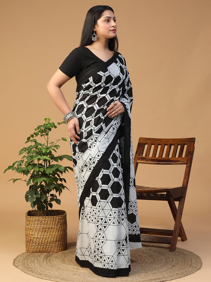 Designer block printed pure cotton mulmul Saree