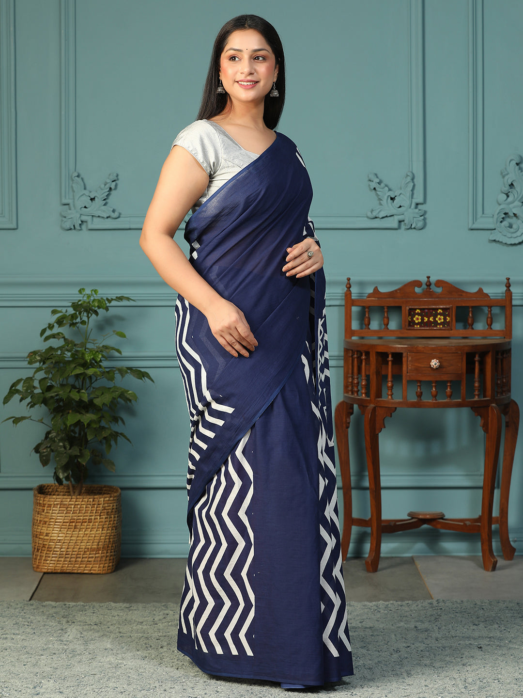 Designer block printed pure cotton mulmul Saree