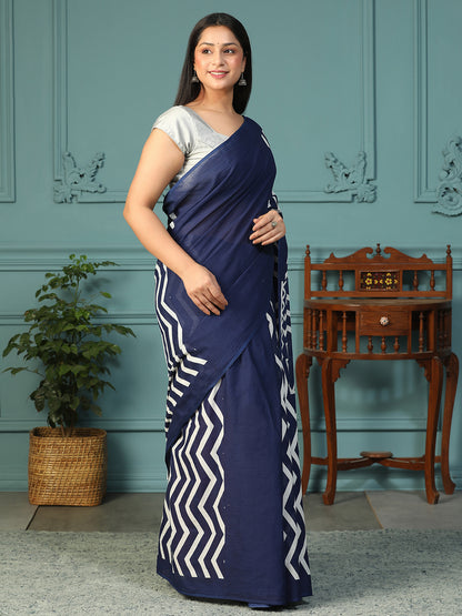 Designer block printed pure cotton mulmul Saree