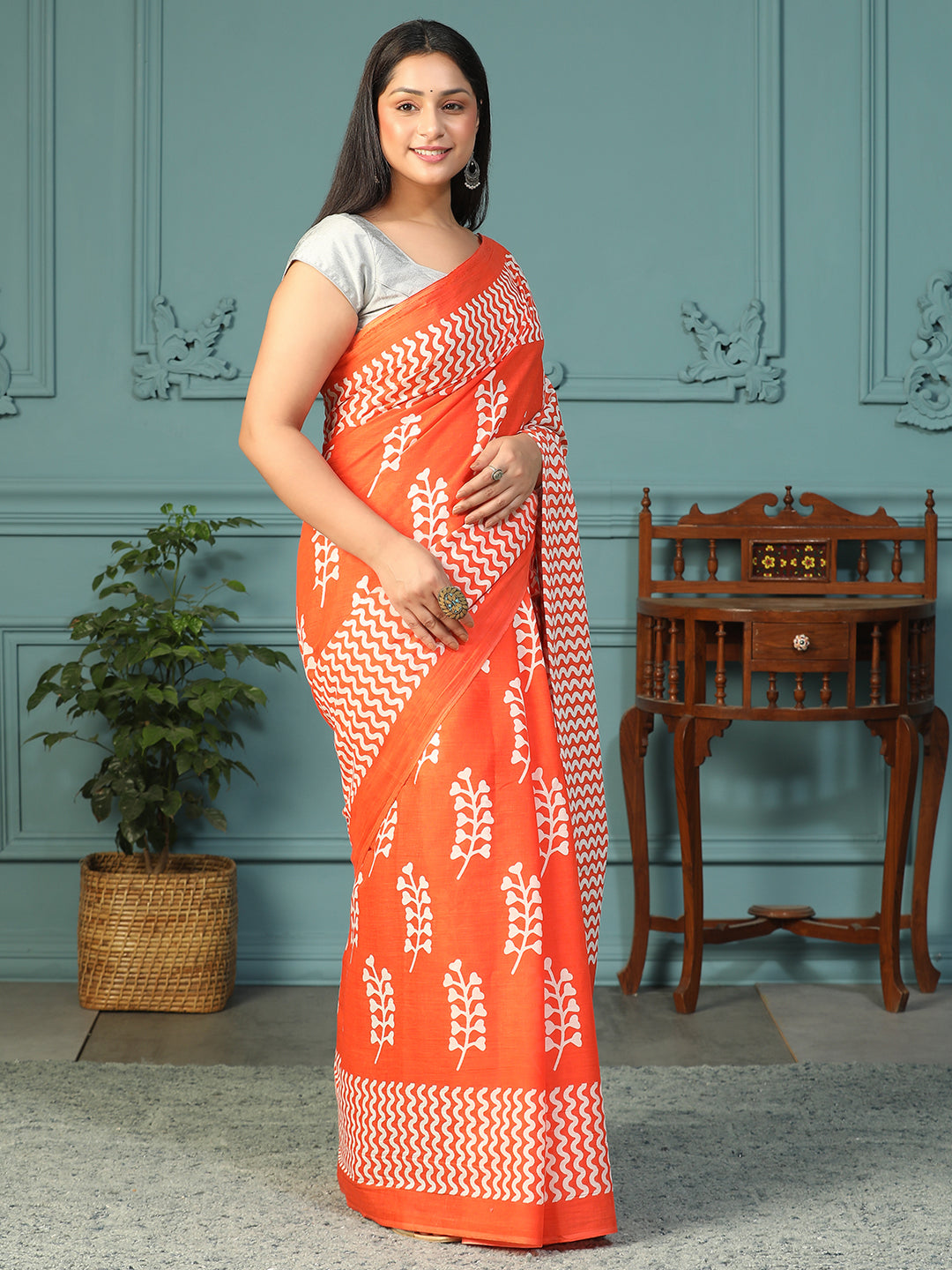 Designer block printed pure cotton mulmul Saree