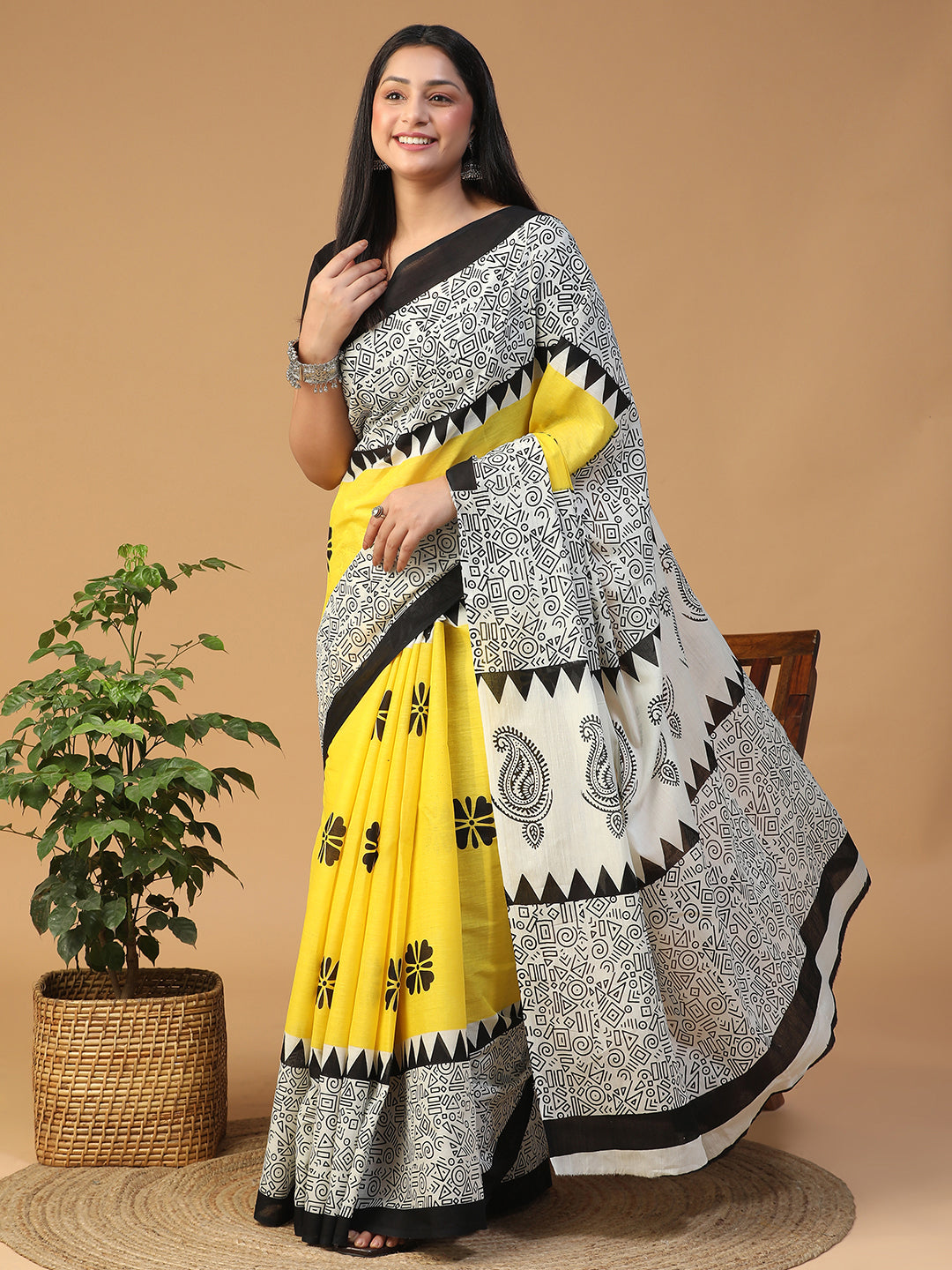 Designer block printed pure cotton mulmul Saree