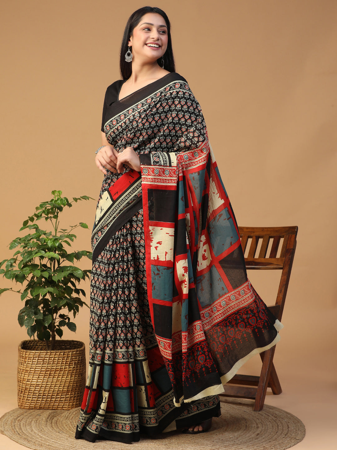Designer block printed pure cotton mulmul Saree