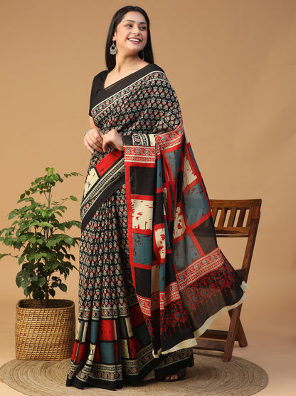 Designer block printed pure cotton mulmul Saree