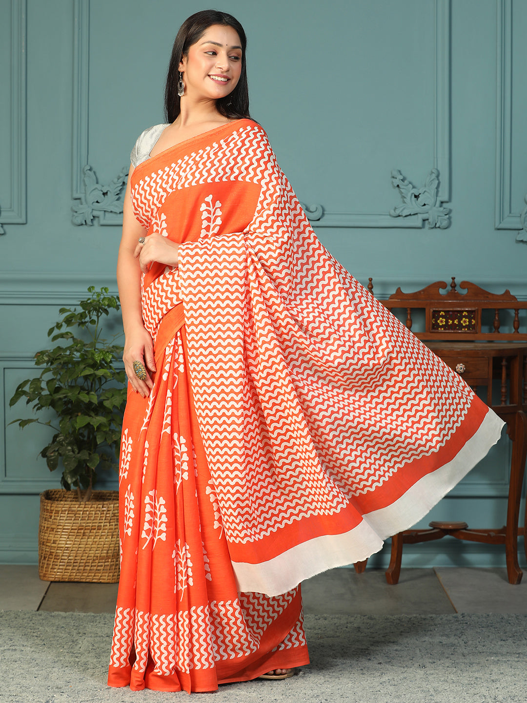 Designer block printed pure cotton mulmul Saree