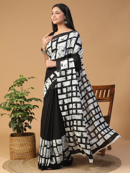 Designer block printed pure cotton mulmul Saree