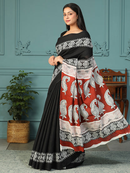 Designer block printed pure cotton mulmul Saree