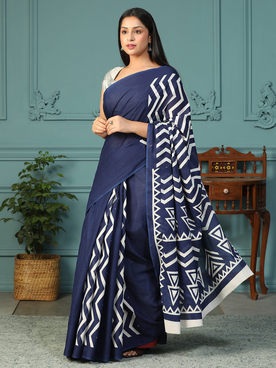 Designer block printed pure cotton mulmul Saree