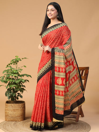Designer block printed pure cotton mulmul Saree