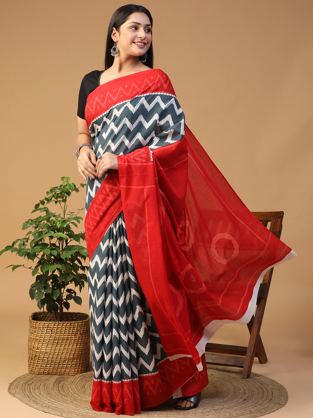 Designer block printed pure cotton mulmul Saree