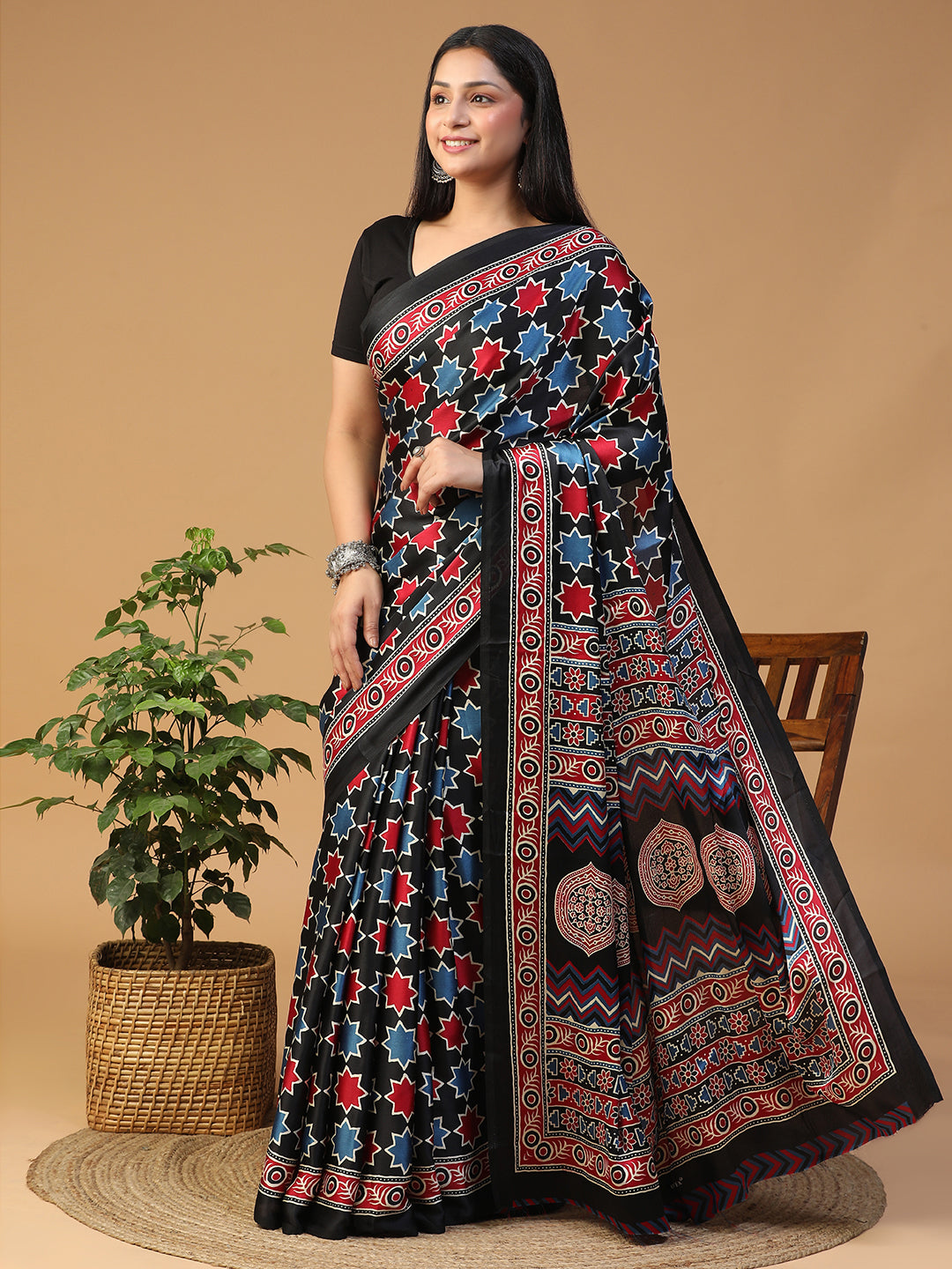 Designer Geometric Ajrak Block print crepe saree