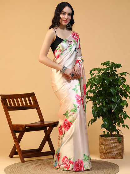 Designer digital printed Japan satin saree