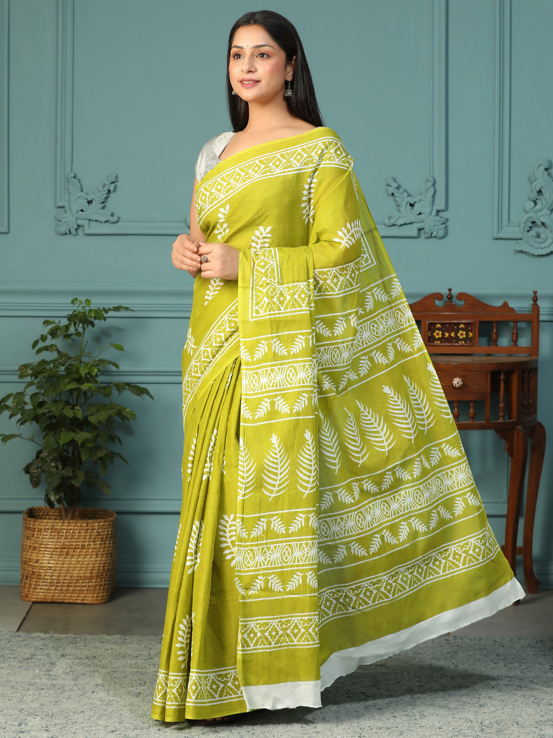 Designer block printed pure cotton mulmul Saree