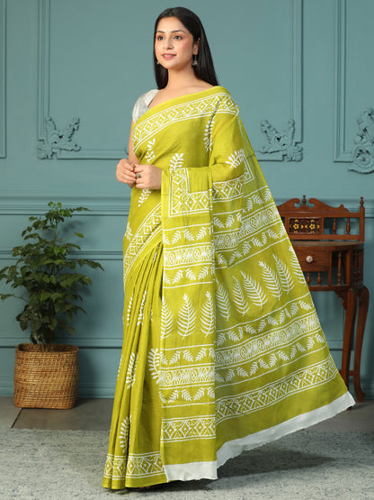 Designer block printed pure cotton mulmul Saree
