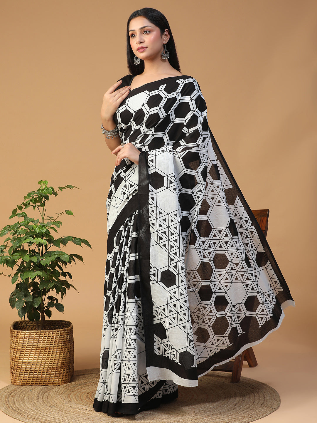 Designer block printed pure cotton mulmul Saree