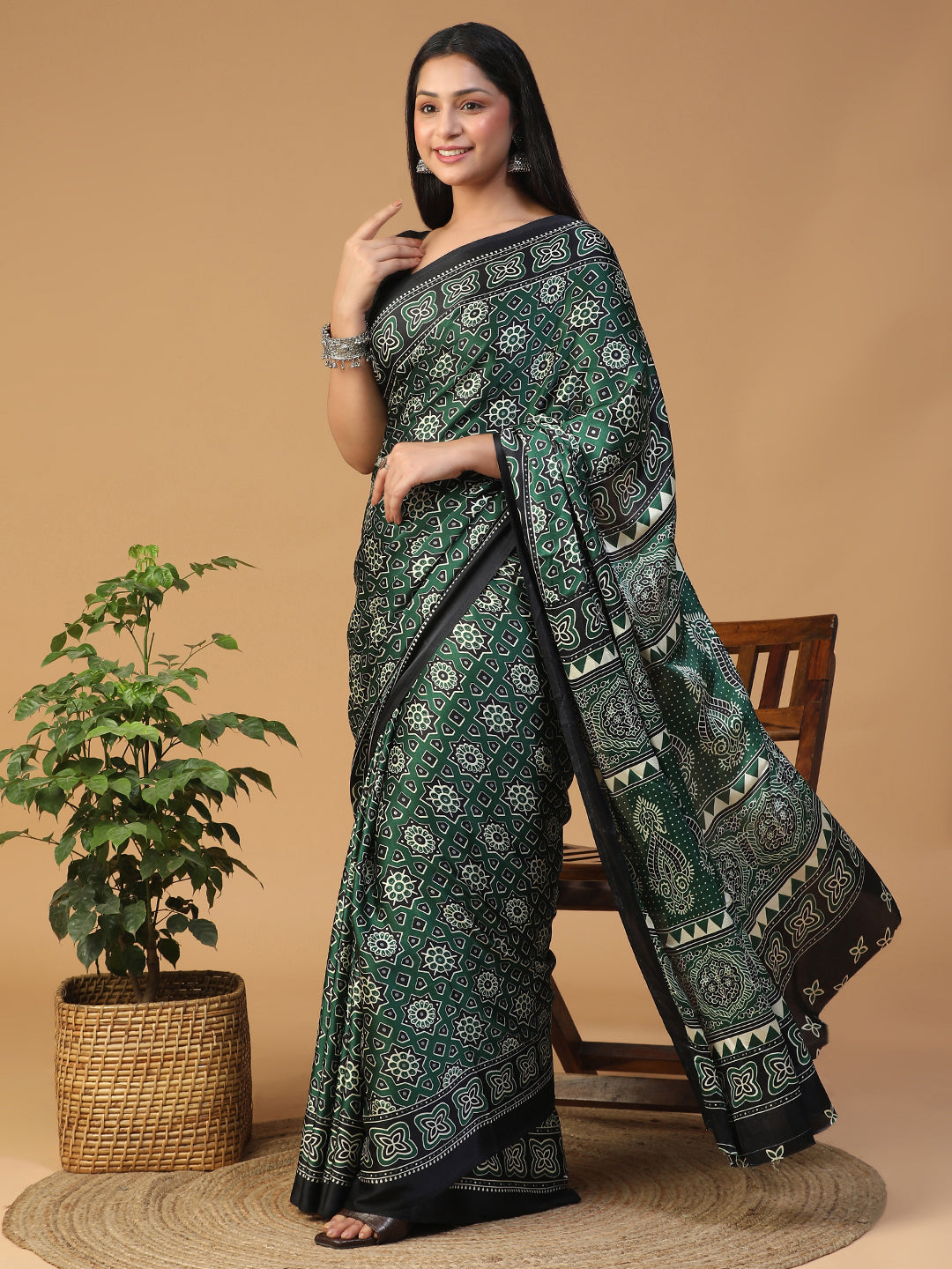 Designer Geometric Ajrak Block print crepe saree