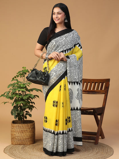 Designer block printed pure cotton mulmul Saree