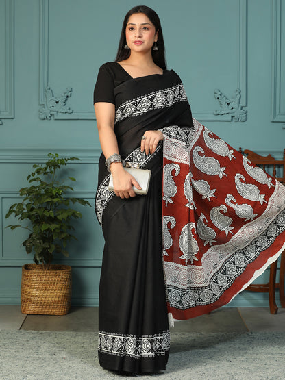 Designer block printed pure cotton mulmul Saree