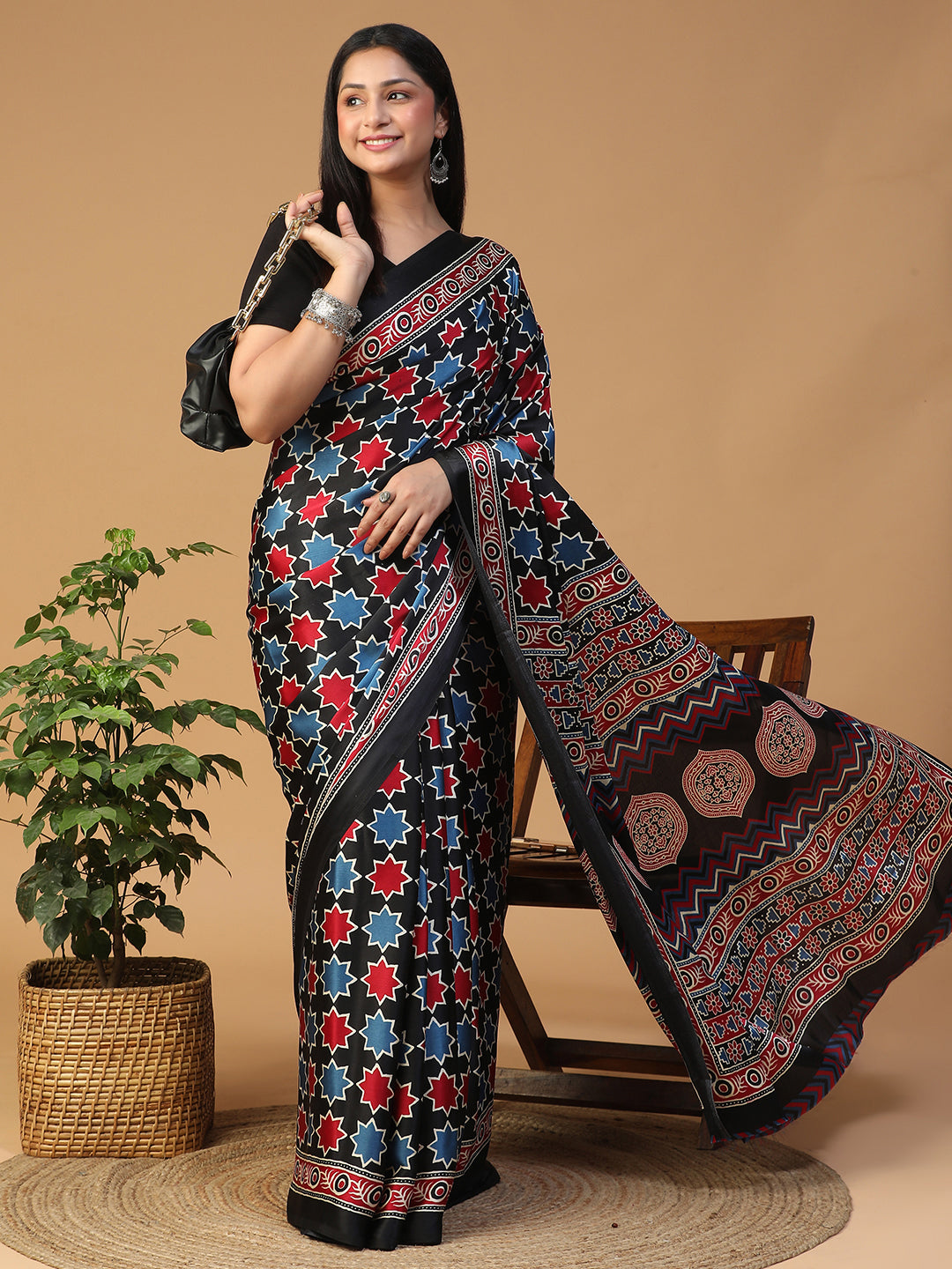 Designer Geometric Ajrak Block print crepe saree