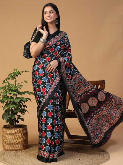 Designer Geometric Ajrak Block print crepe saree