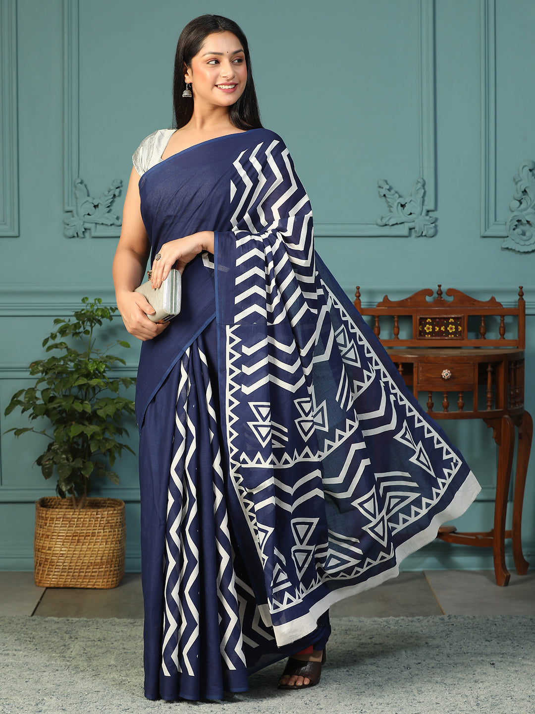 Designer block printed pure cotton mulmul Saree
