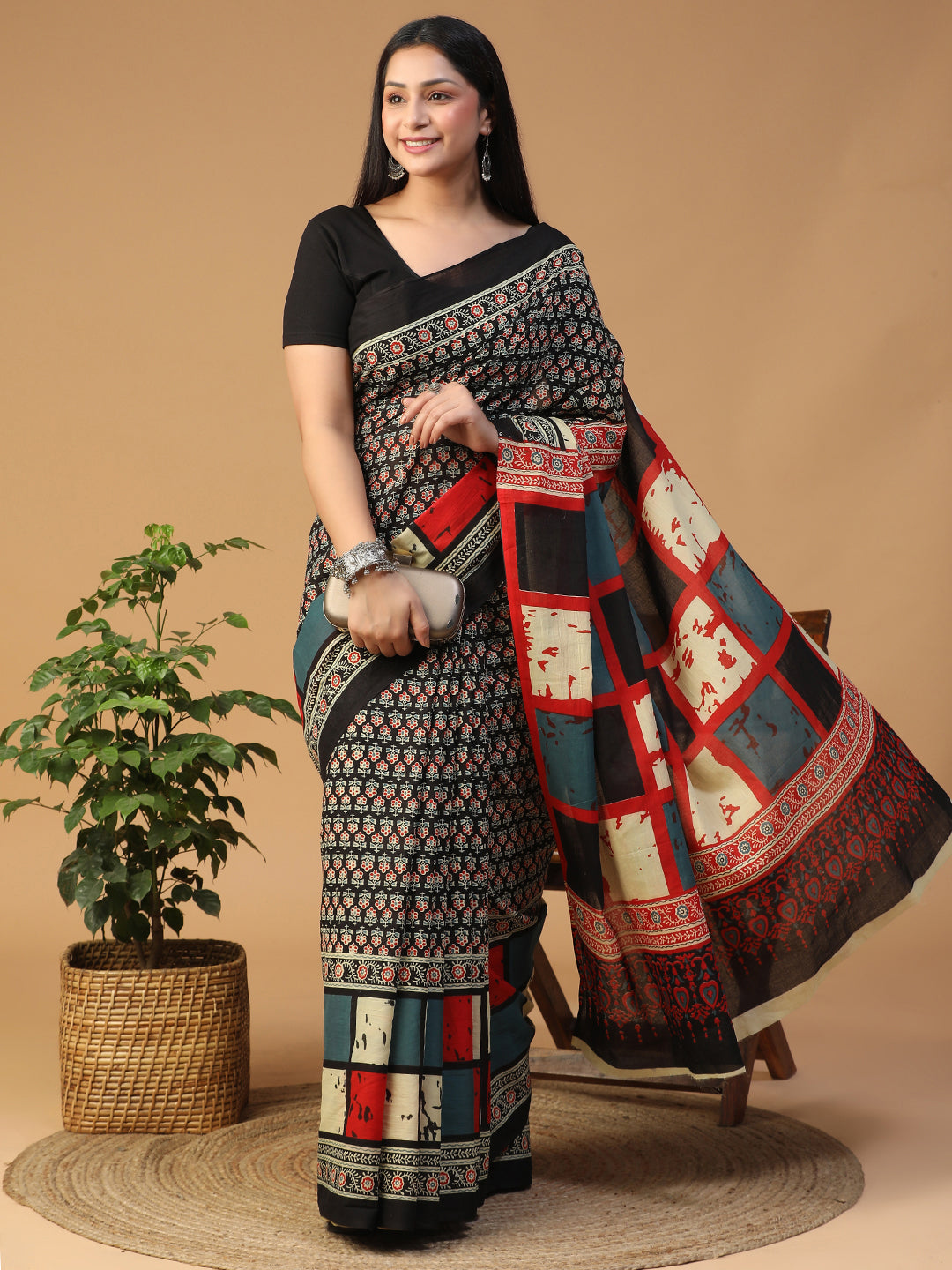 Designer block printed pure cotton mulmul Saree