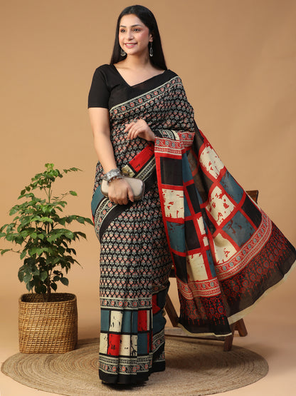 Designer block printed pure cotton mulmul Saree